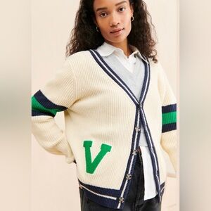Callahan Varsity Collegiate Cardigan Retro Knit Athletic Ivory Cream Green sz S